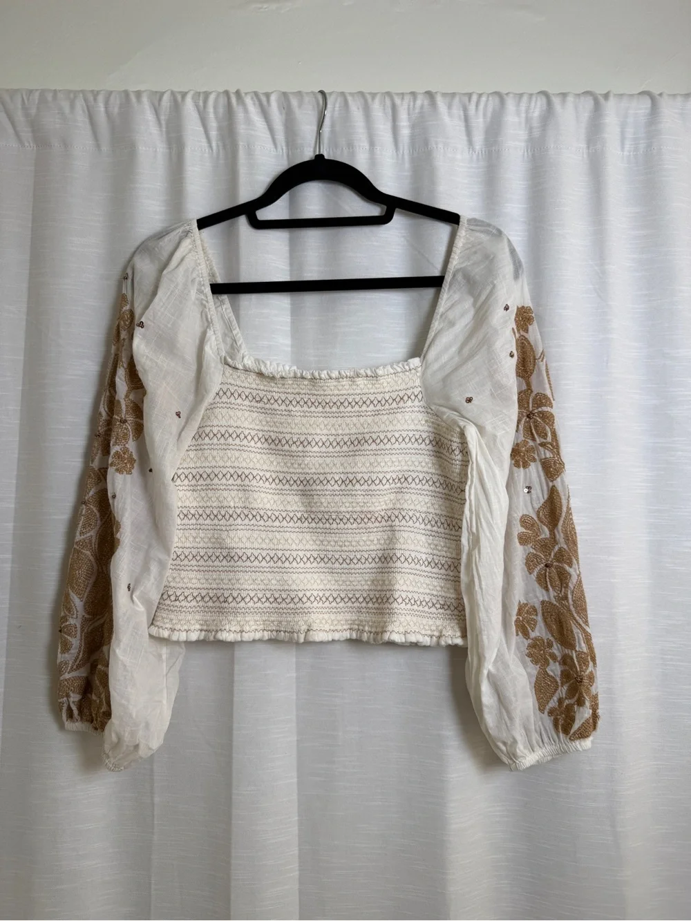 Anthropologie Embroidered Smocked Puff Sleeve Top Ivory | Size XS